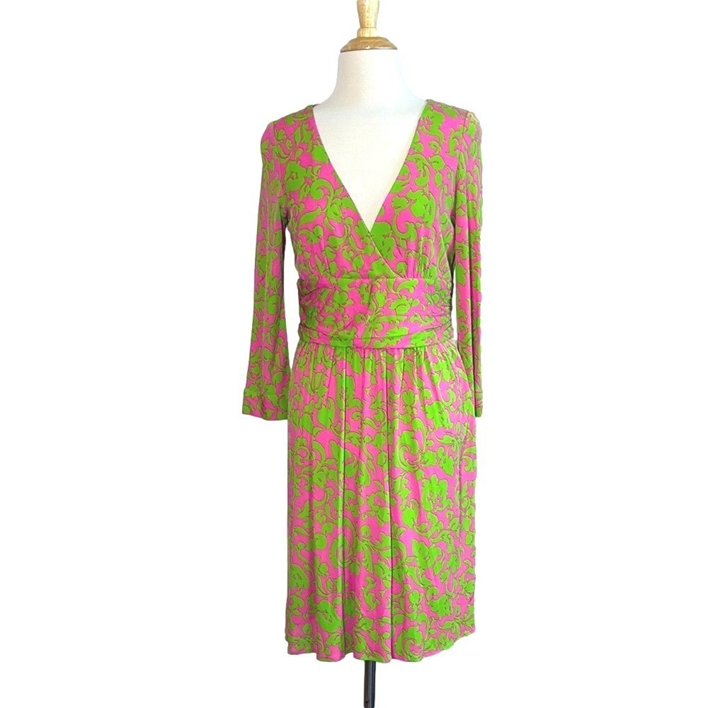 MILLY Women Small 100% Silk Long Sleeve Surplice‎ Pink Green Dress Lightweight